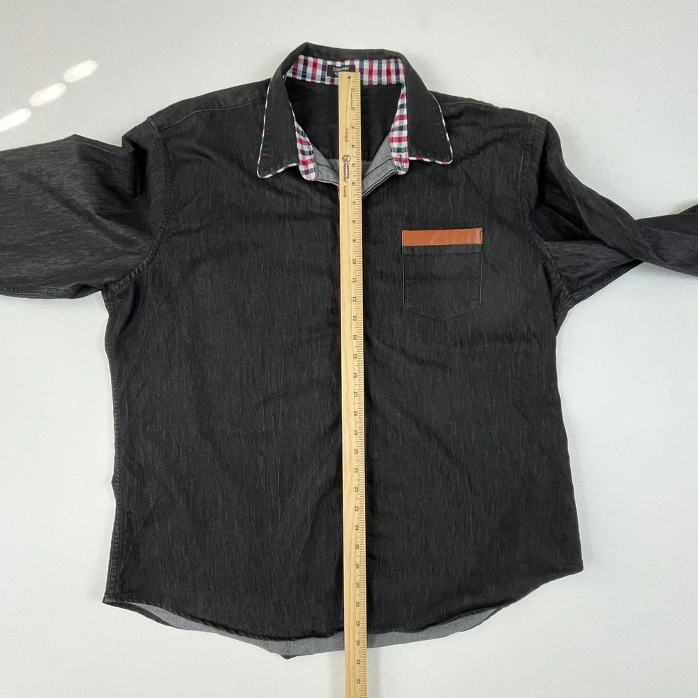 Coofandy Mens Black Button Down Shirt Plaid Collar Faux‎ Leather Trim Size XXL